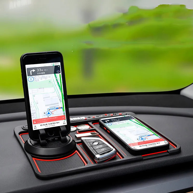 Non-slip car phone pad in black with red edge, showing 4-in-1 functions including phone holder and aromatherapy holes