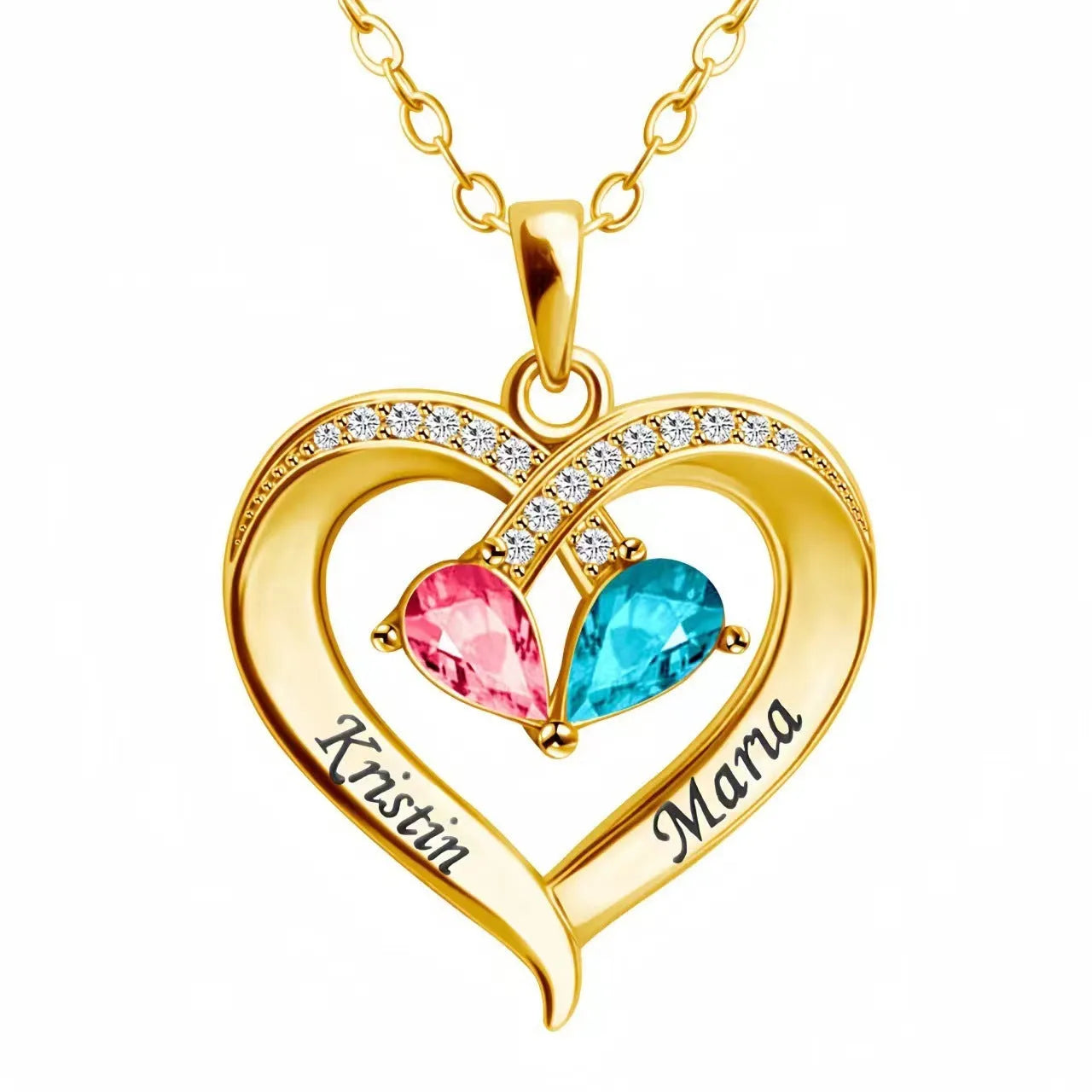 Women's heart necklace with two-tone water drop pendant and peach birthstone in electroplated copper