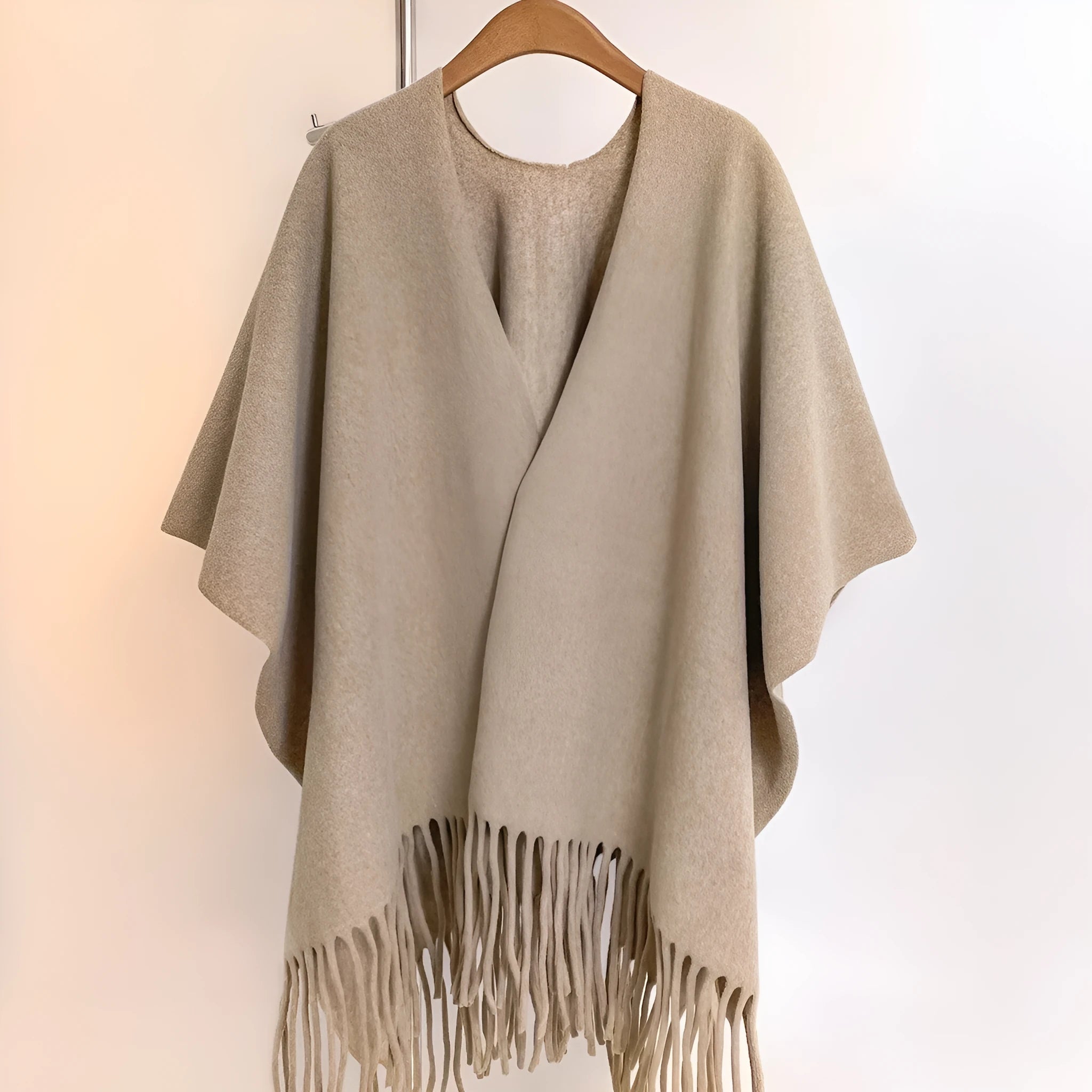 Solid colour jacquard imitation cashmere cloak robe in khaki light, 170x110cm warm outerwear