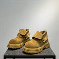 Men's retro distressed cow suede worker ankle boots with thick sole and two-way zip, shown in camel colour.