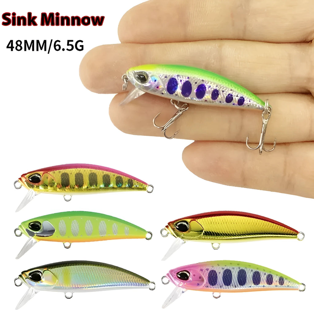 Tossing Japanese Submerged Mino hard fishing lure in multiple colours, showing 48mm size and detailed minnow shape.