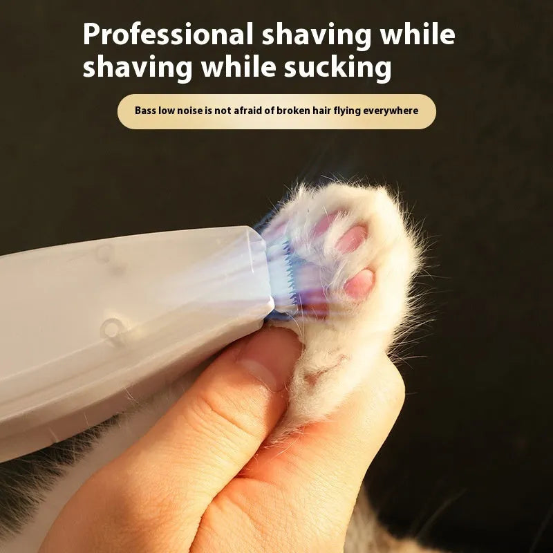 Pet shaver with vacuum cleaner in blue, green and white, with ABS plastic body and stainless steel blade for low-noise cat and dog grooming