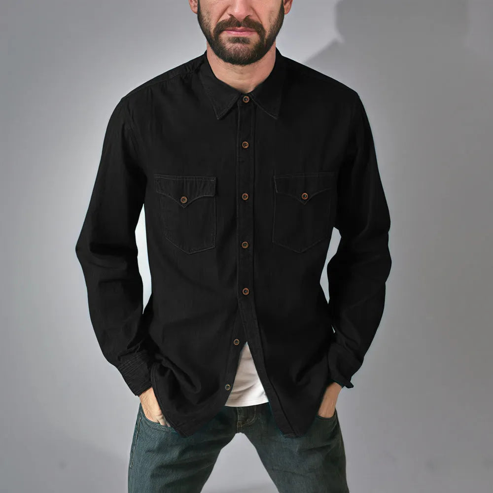 Cotton denim cardigan coat in khaki on a hanger, showing button front and regular fit.