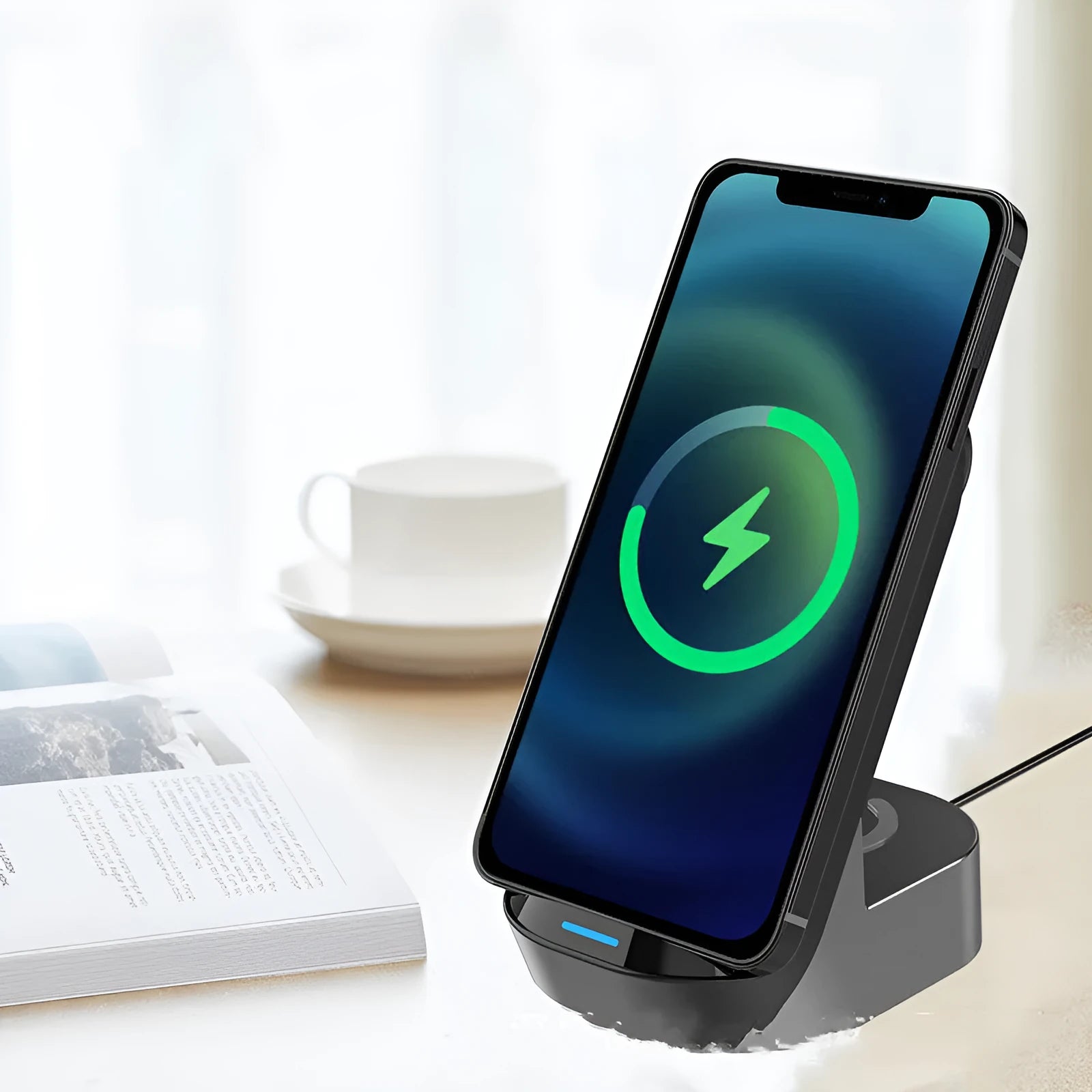Black grey foldable 3-in-1 wireless charger stand with phone, smartwatch, and earbuds case charging.