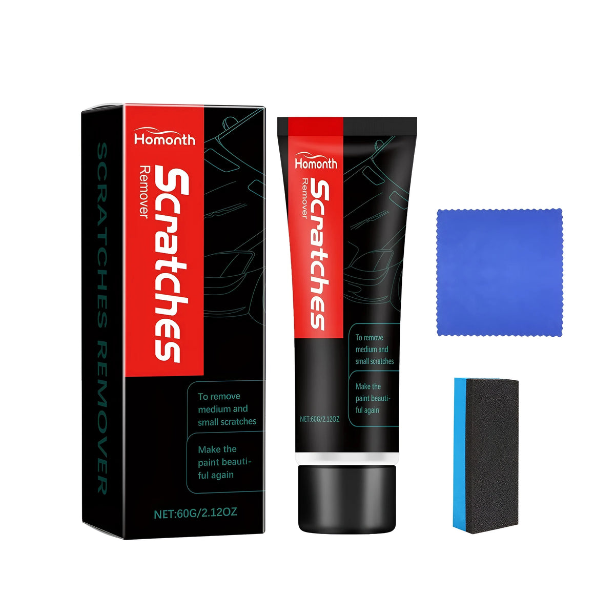 Car scratch remover paste kit with 4.5x13.6cm tube, sponge, and 20x20cm towel