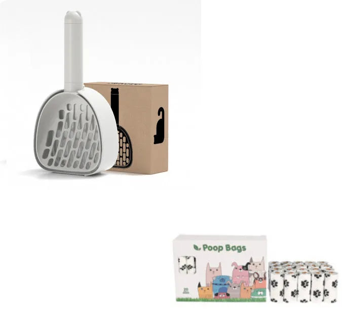 White ABS plastic cat litter scoop with a stand-up base and hidden bag storage compartment.