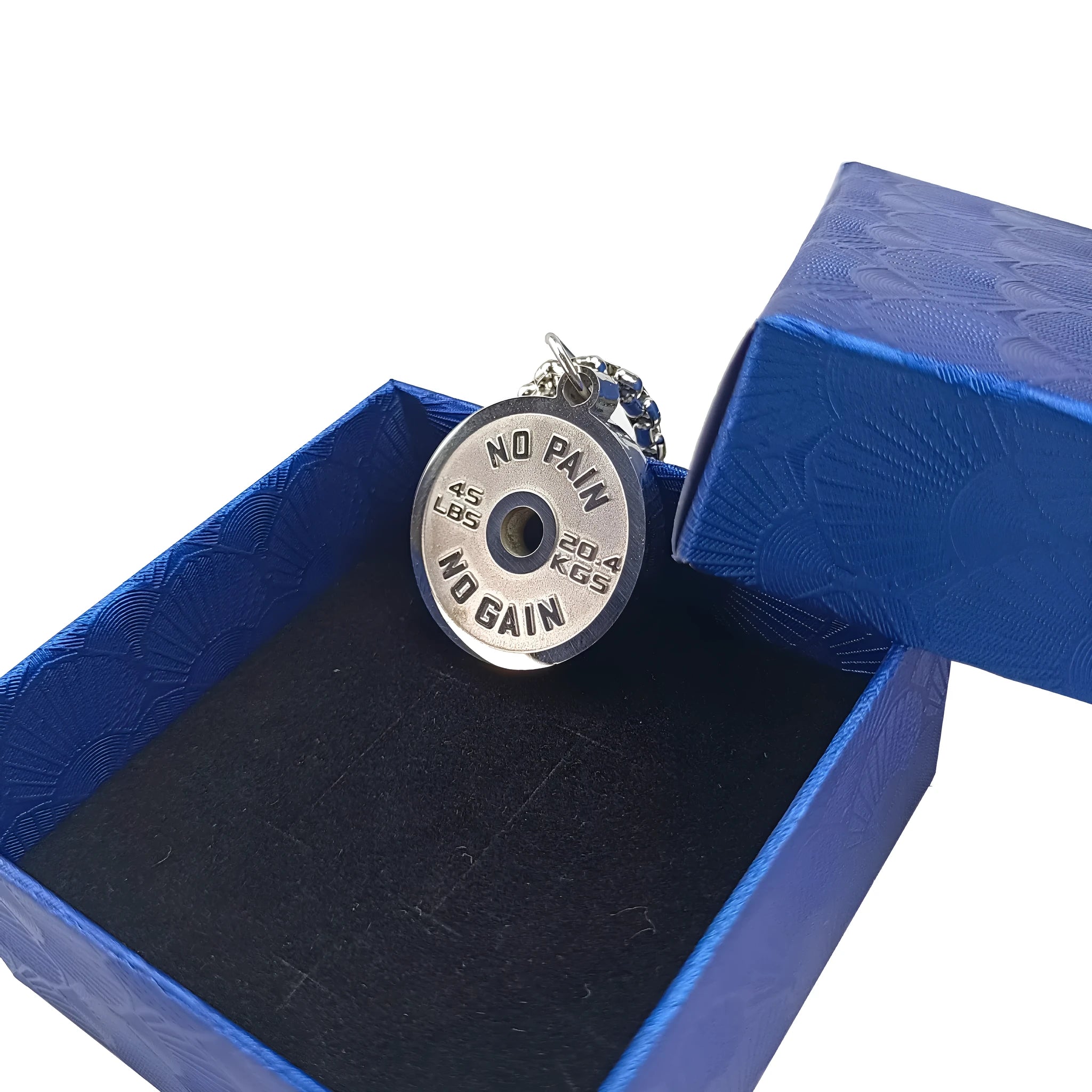 Stainless steel barbell disk sports necklace on a choice of pearl, gold, or black 60cm chain.