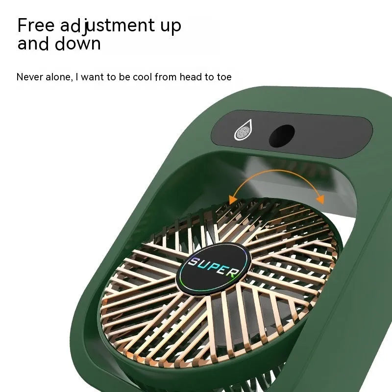 USB misting fan and humidifier in green or white, with three wind speeds and adjustable direction
