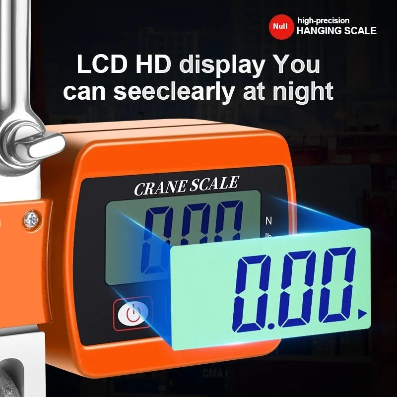 Electronic hook scale digital display with 500kg capacity in blue, orange and white colour options