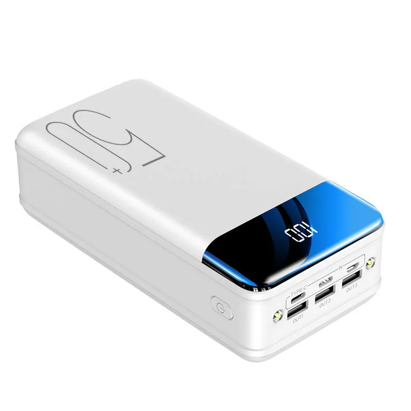 Black large capacity 50000mAh power bank with multiple USB ports on a white background