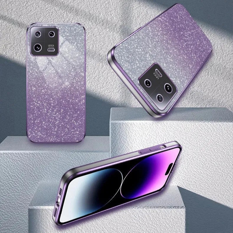 Gradient glitter electroplating phone case for Xiaomi showing purple colour with fine holes