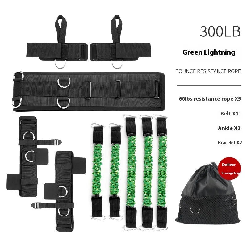 Fitness chest expander elastic belt with red, blue, black, and green resistance sleeves on a grey background.