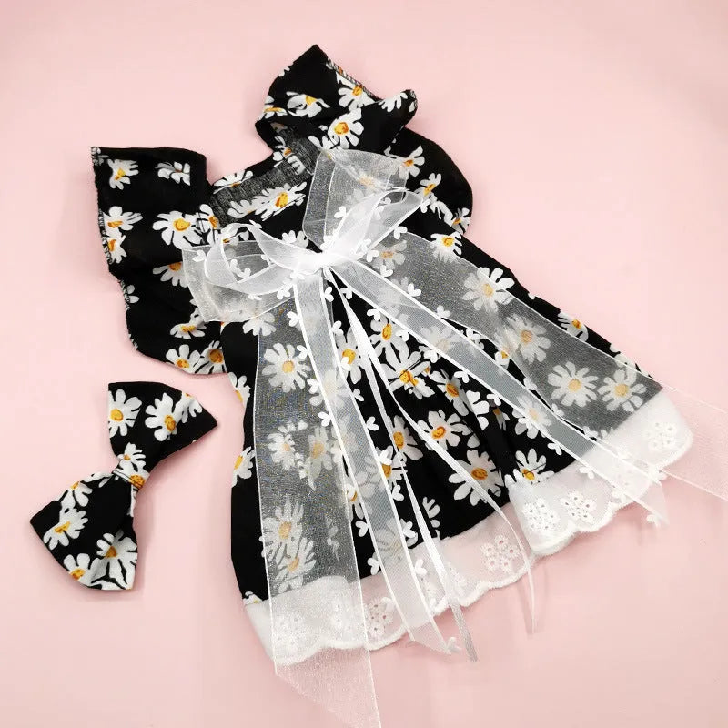Dog skirt set with lace trim and bow necklace in black daisy, pink daisy, or pink plaid bow, sizes XS to XL