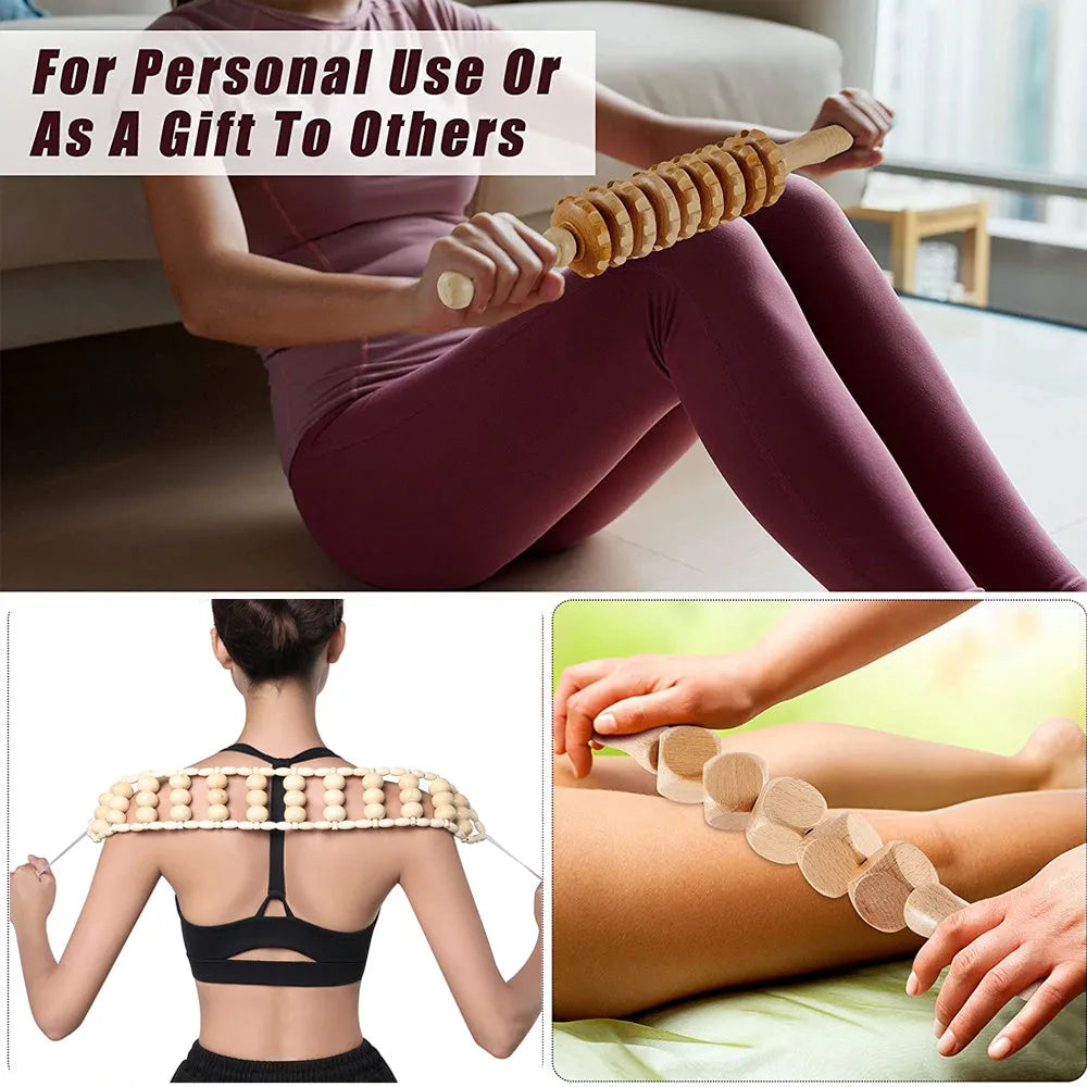 Birch wood anti-cellulite massage tool set with hand roller and scraping stick for body massage