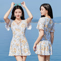 Women's high waist slimming swimsuit with floral print in blue pattern and white flower options