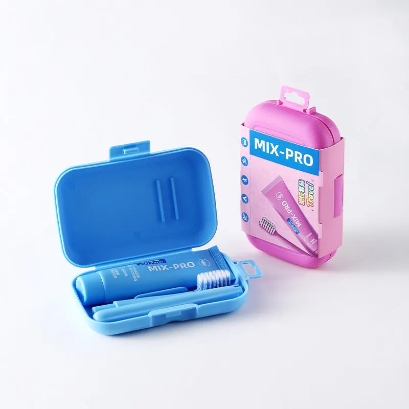 Portable travel toothbrush and toothpaste set for adults in Travel Set Blue or Travel Set Pink.