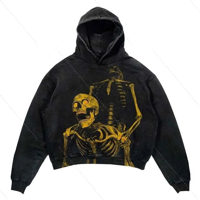 Punk design printed hoodie with 3D effect pattern, loose fit, thick polyester, long sleeves, multiple colour options