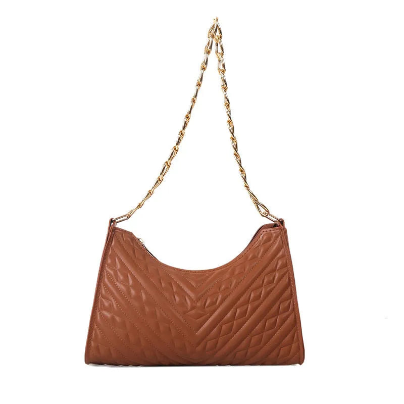 A structured black pleated women's shoulder bag with a chain strap and a soft handle, showing its square shape.