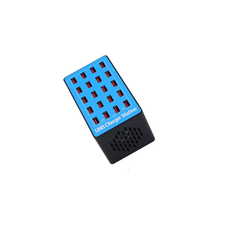 20-port USB charging station in Blue A5 with PC ABS fire retardant housing and UK EU US AU power supply option
