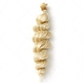 Golden synthetic women's wig on a stand showing 18-inch, 20-inch and 22-inch length options.