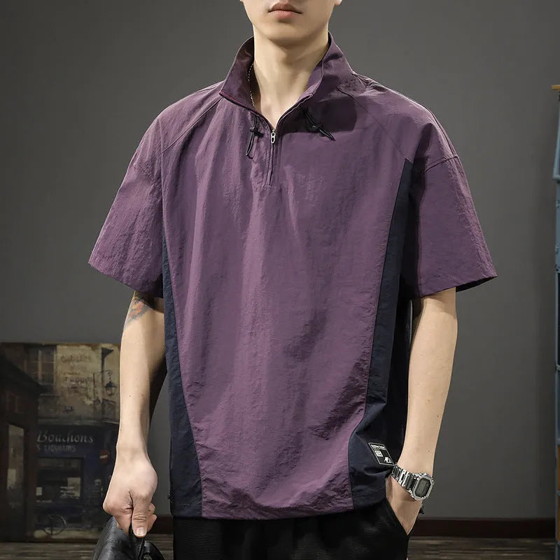 Men's brown ice silk half-zip business casual shirt with a stand collar and short sleeves.