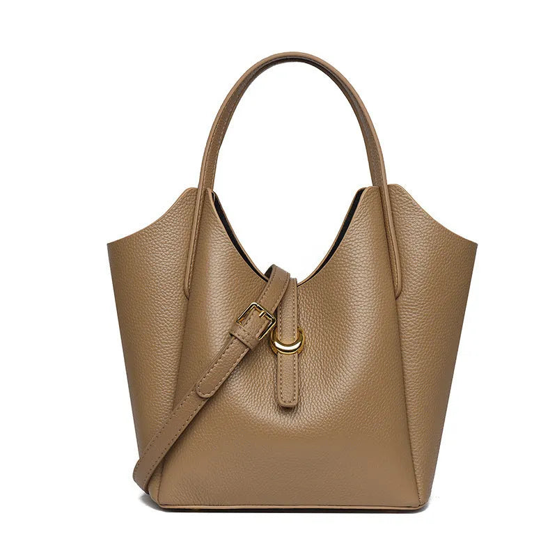 Genuine leather women's hand held retro bucket bag in beige with top handle