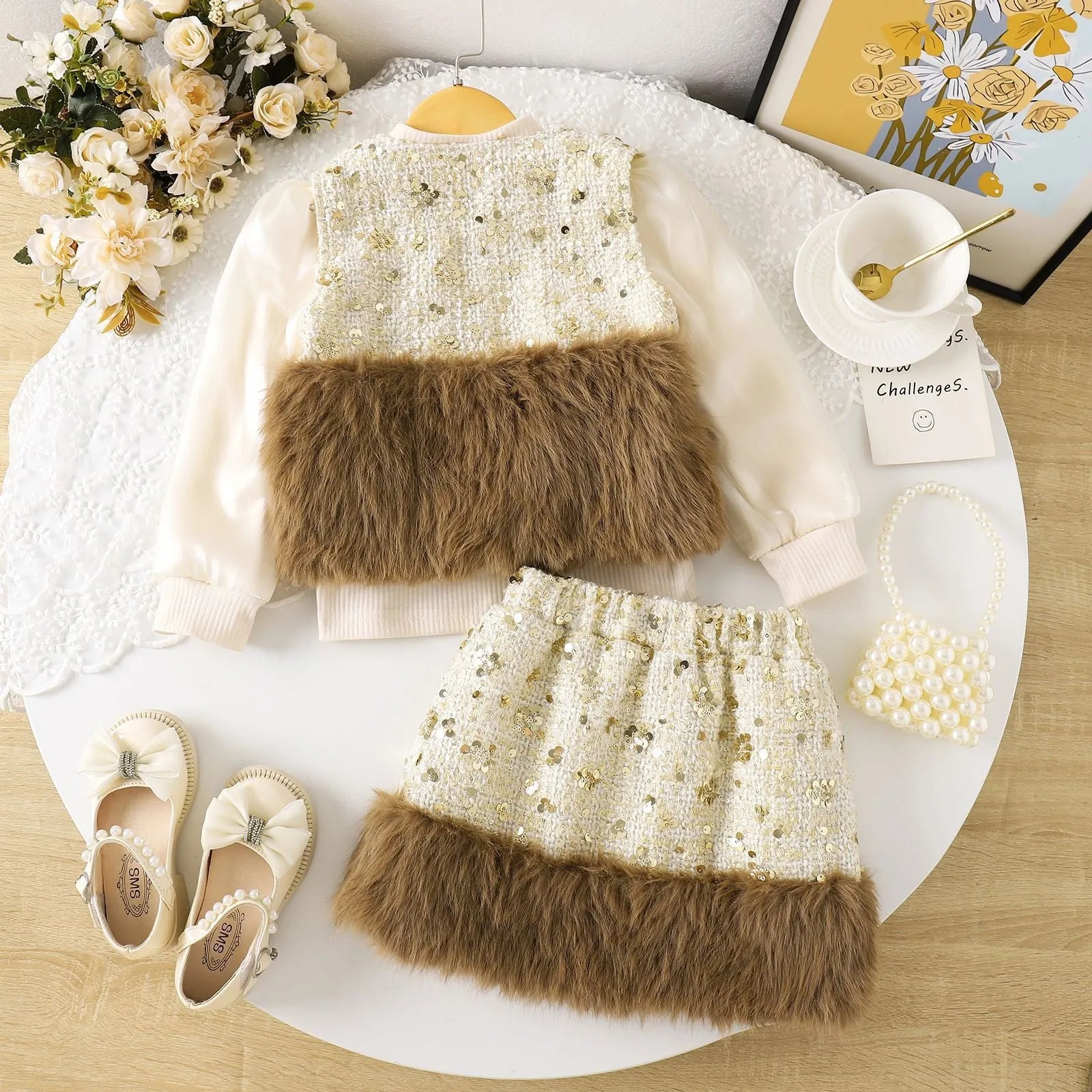 Cotton floral print long sleeve two-piece dress set for girls in apricot colour with blouse and skirt