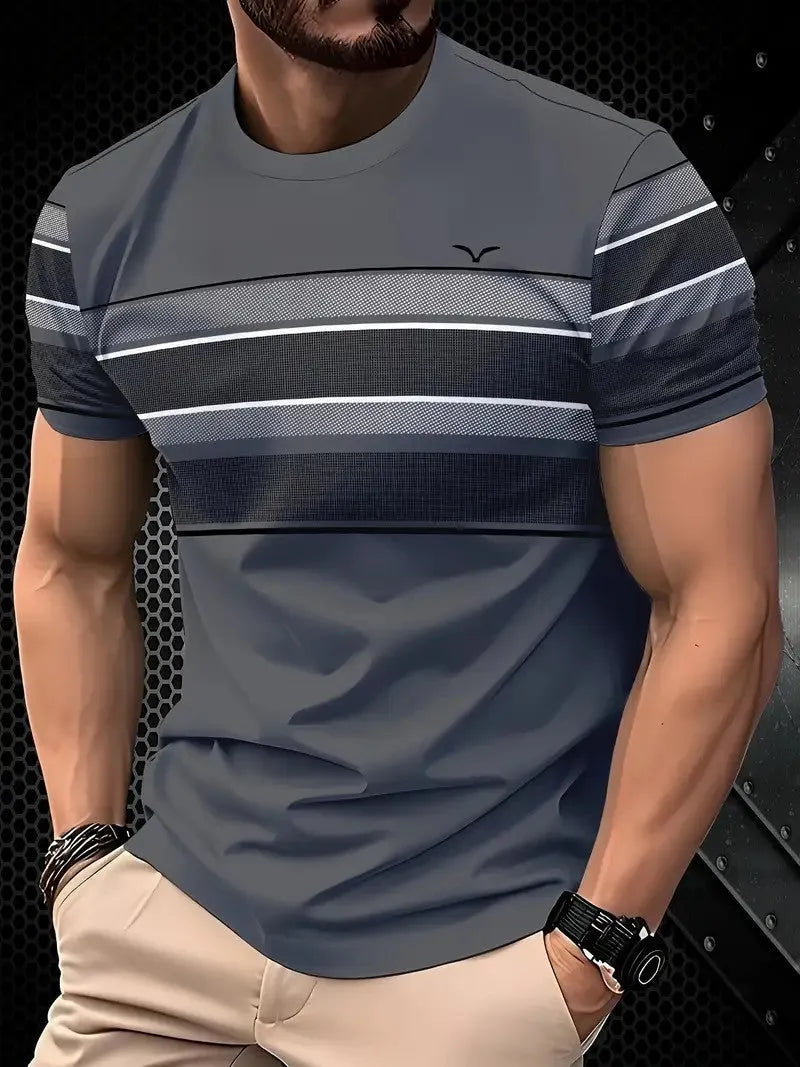 Men's loose fit casual short sleeve T-shirt in polyester, shown in a contrast colour option.