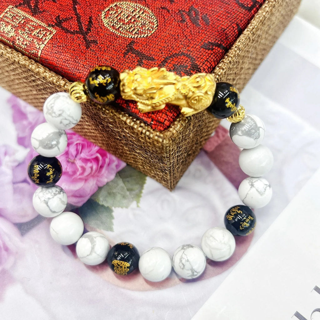 Vintage white turquoise and black agate couple bracelet with adjustable 15-17cm length