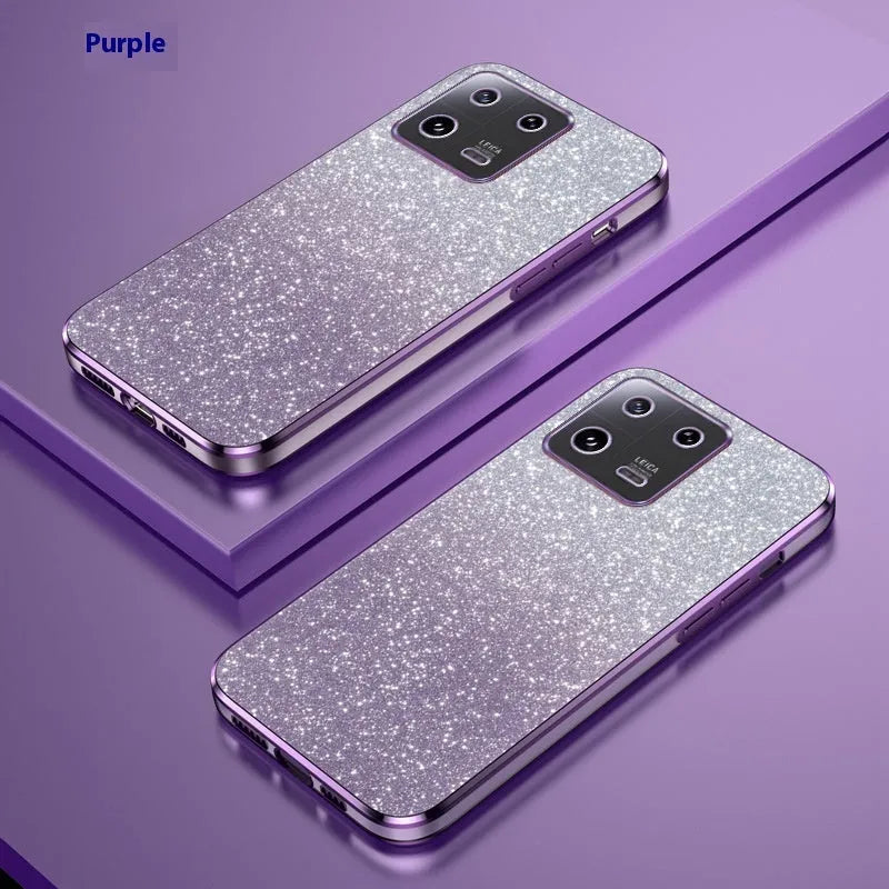 Gradient glitter electroplating phone case for Xiaomi showing purple colour with fine holes