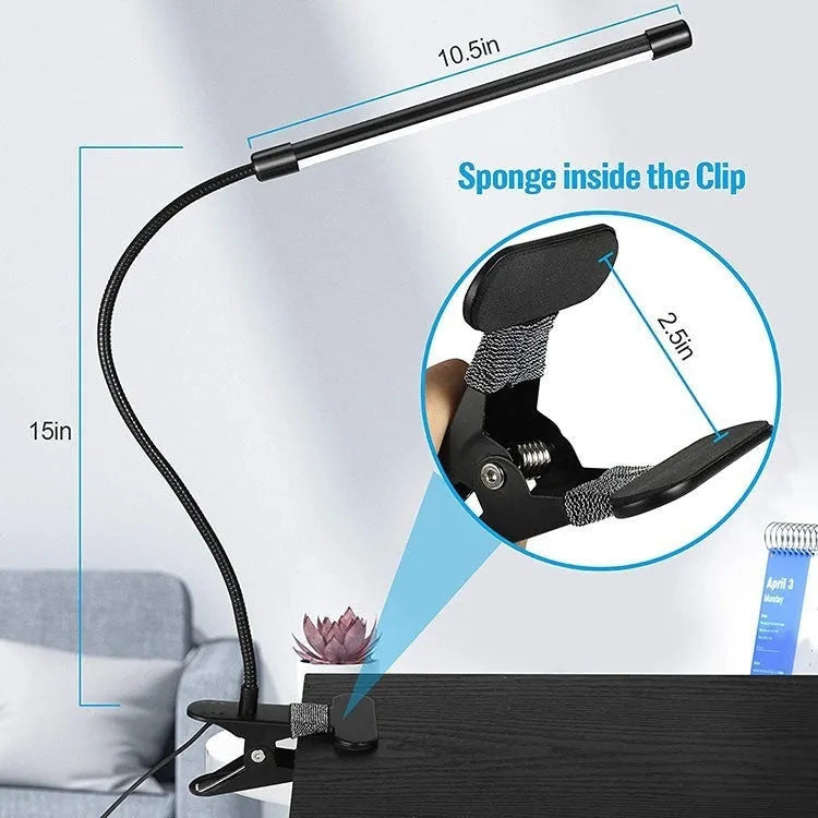 Black or white LED desk lamp with 26 cm length and USB power cable for student study.