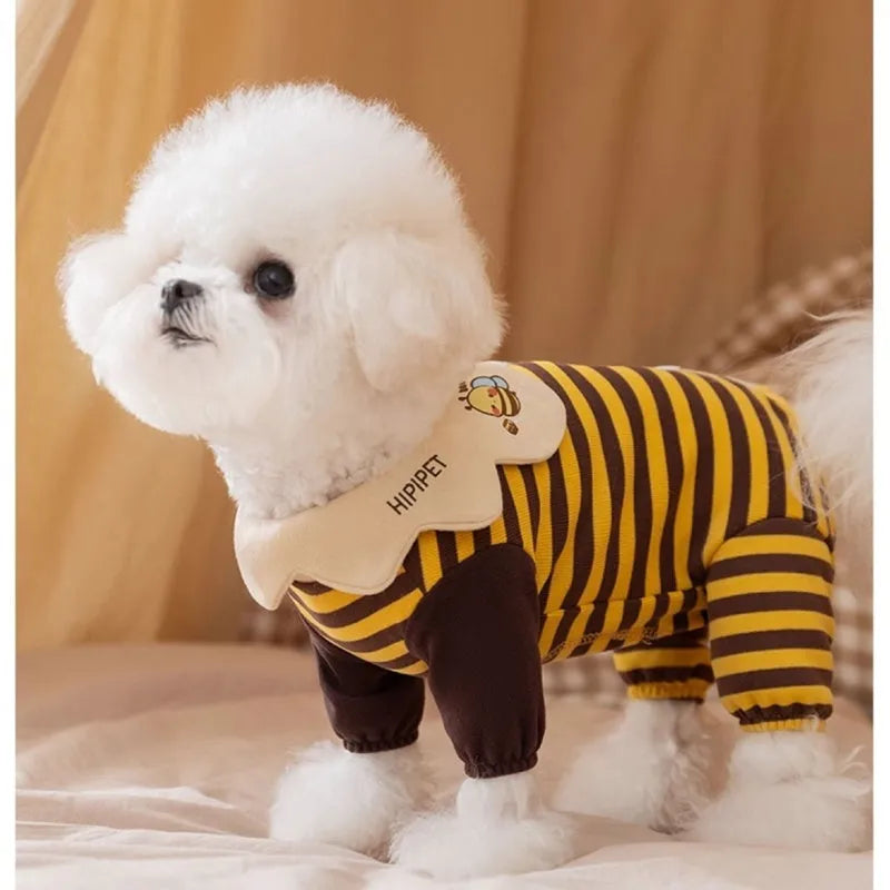 Dog pajama suit with yellowish-brown bee pattern on stripes, four-legged design, and lapel collar for small pets