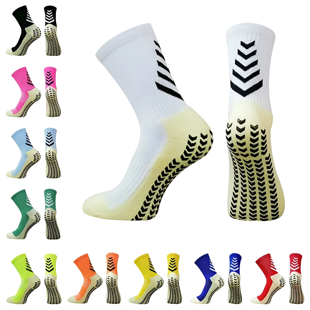 Men's non-slip mid-calf athletic socks in multiple colours with silicone grip detail.
