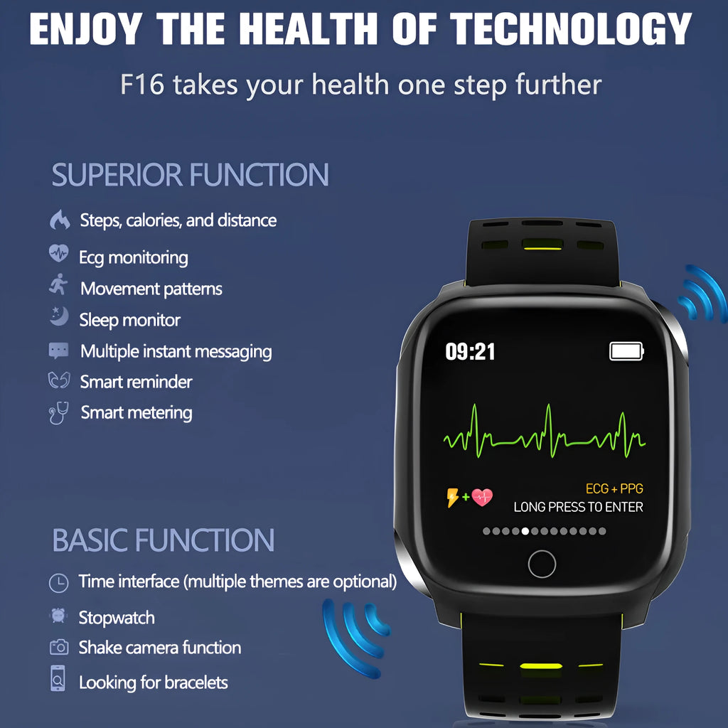 F16 Smart Watch with ECG, blood pressure and heart rate monitor on a silicone strap.