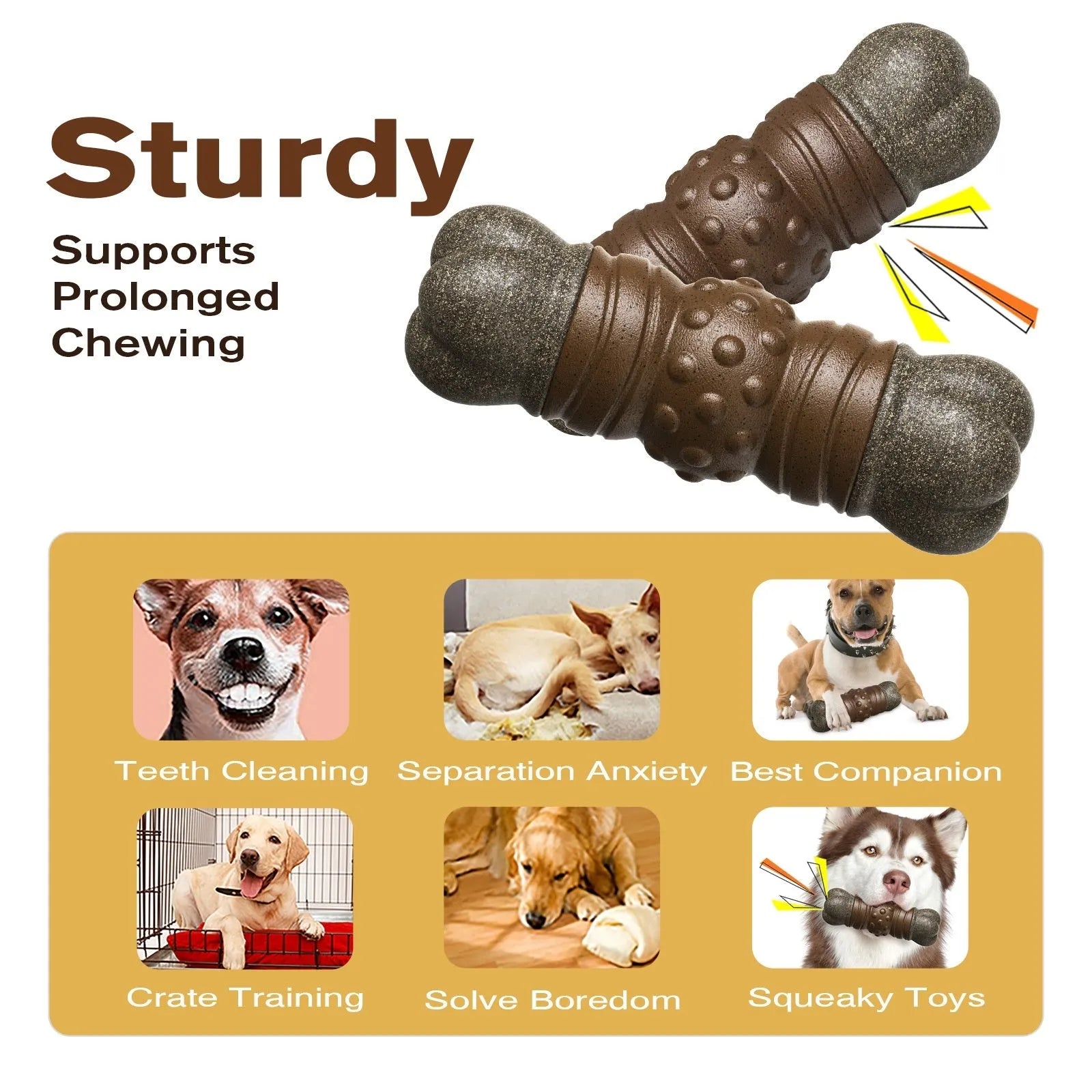 Wood coloured plastic dog chew toy shaped like a sounding bone for molar cleaning.