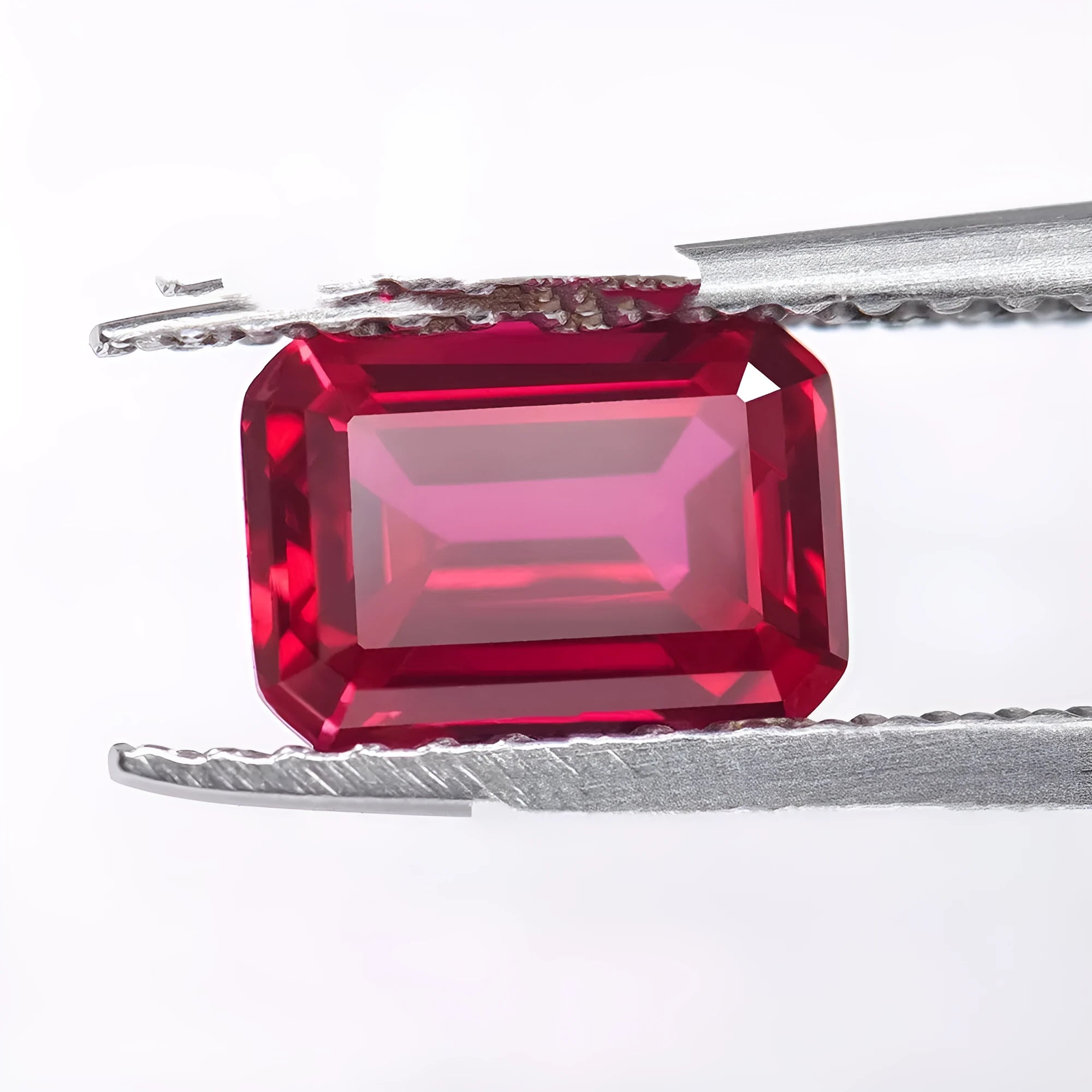 Artificial ruby gemstone in multiple cuts including round, princess square, and water drop shapes