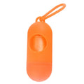 Black dog waste bag holder with Velcro strap and metal hook, showing bag dispenser slot.