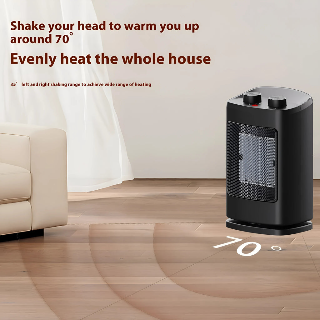 Black desktop PTC ceramic electric heater, 16.2 x 12.8 x 26.8 cm, 1000W-1500W, three fan speeds