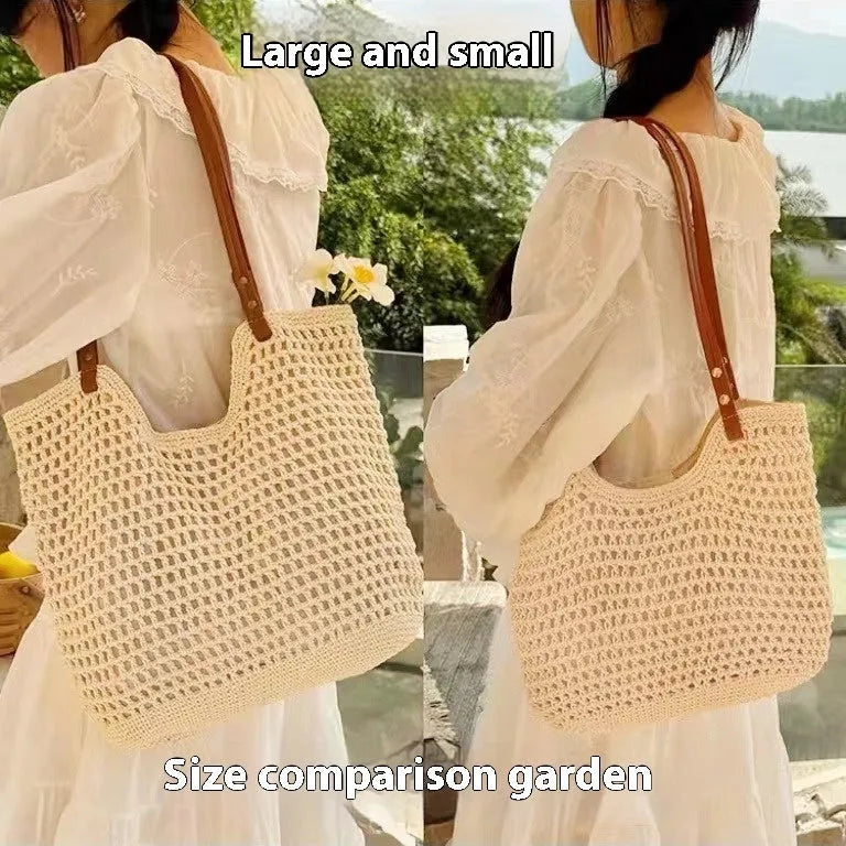 Beige woven cotton linen shoulder bag with large capacity beach design