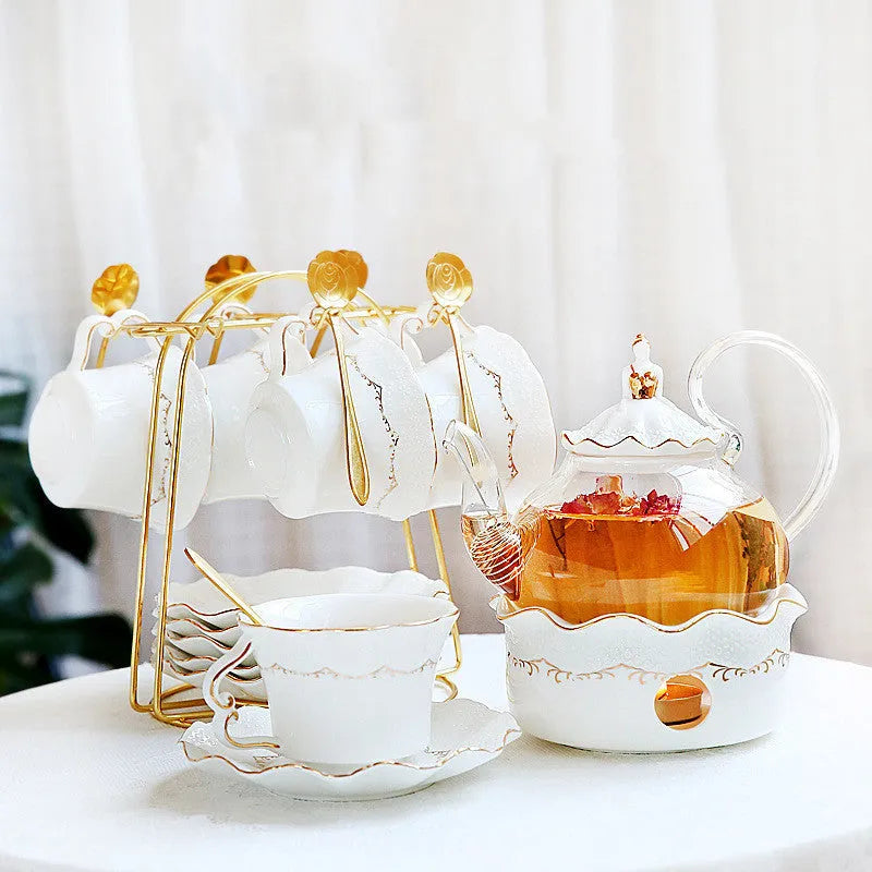 Afternoon tea set with 6 ceramic cups and saucers, borosilicate glass teapot, hand-painted gold, and iron frame spoon holder in gift box