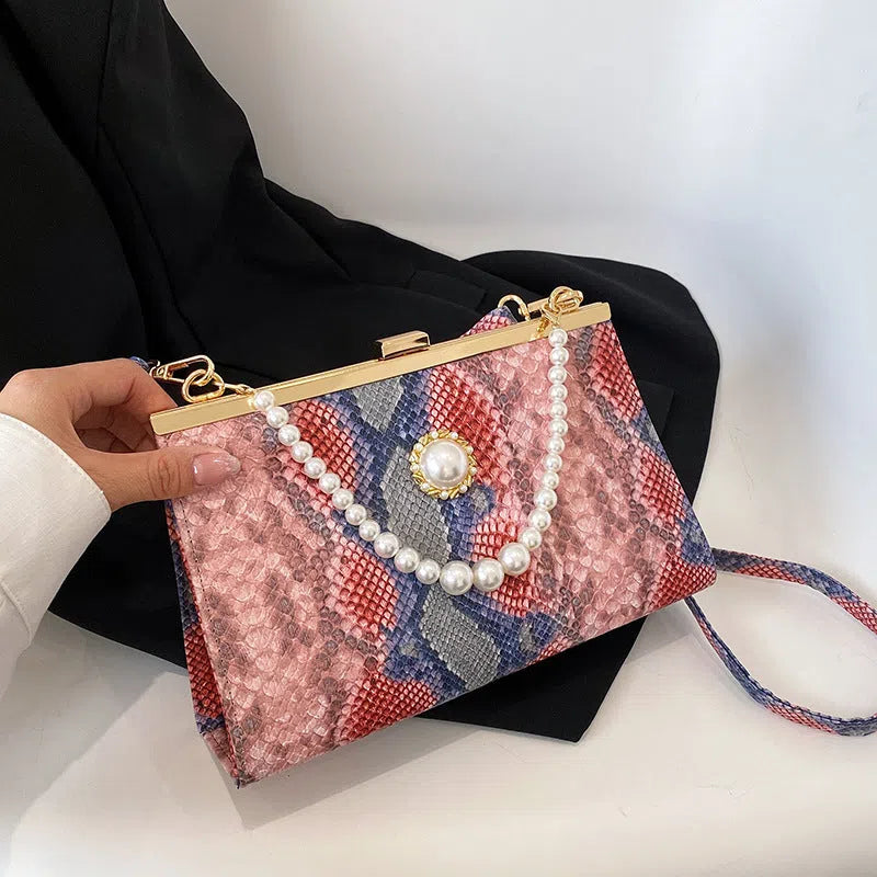 New vintage snake-pattern pearl-chain evening bag hard PU cross-body with 3D pocket and phone pocket in khaki