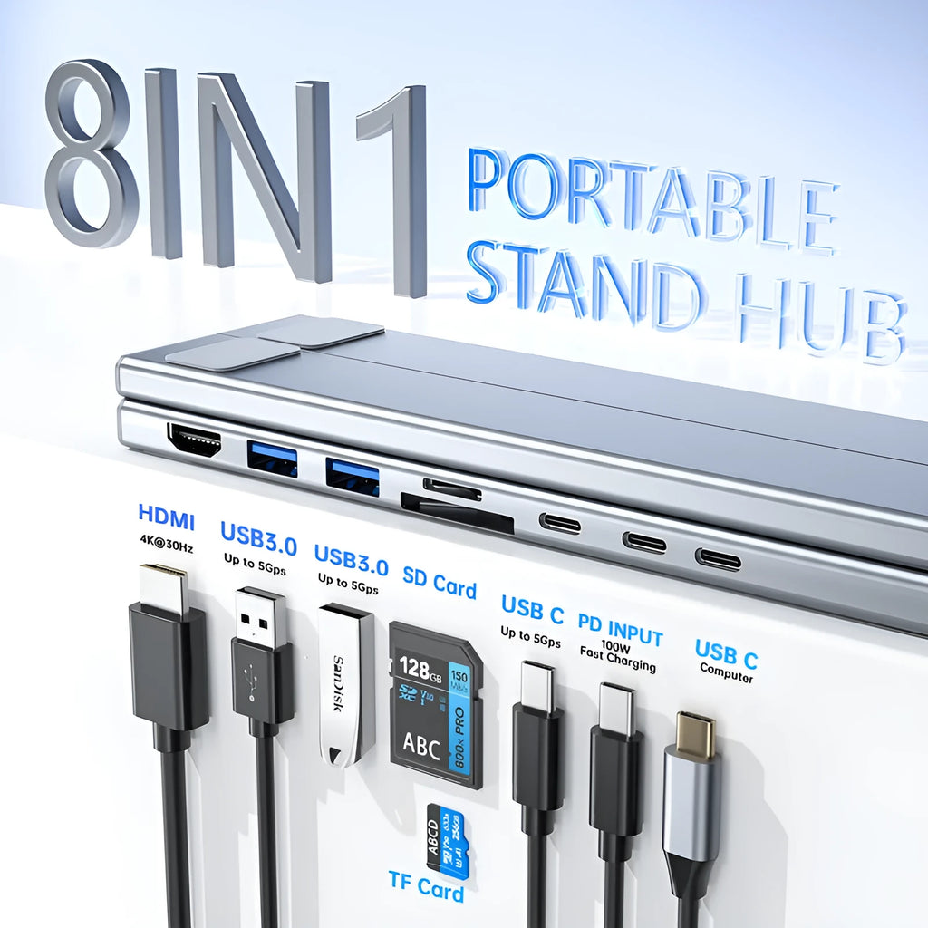 Folding aluminum alloy laptop stand with integrated 8-in-1 docking hub and HDMI ports.