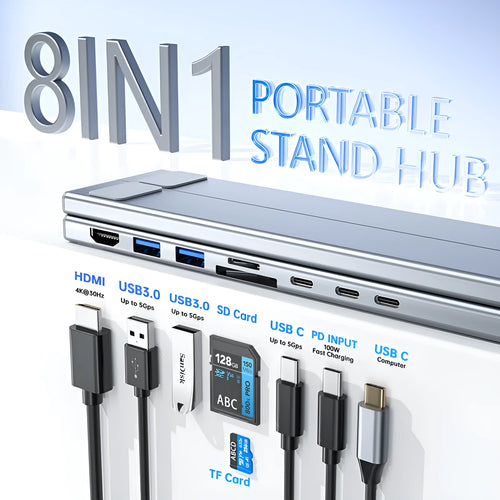 Folding aluminum alloy laptop stand with integrated 8-in-1 docking hub and HDMI ports.