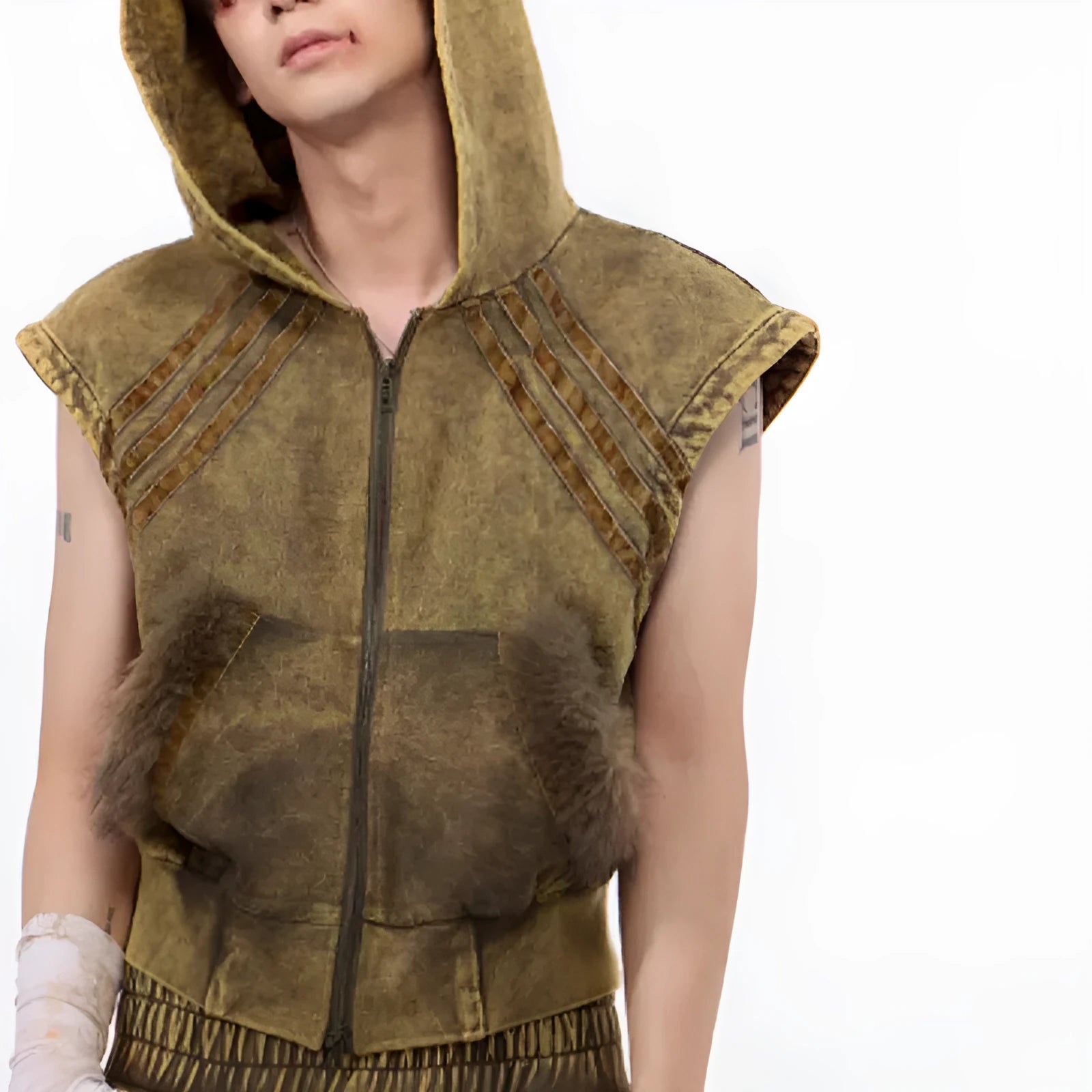 Black and grey stitching fur sleeveless hooded tank top and matching trousers set on a hanger