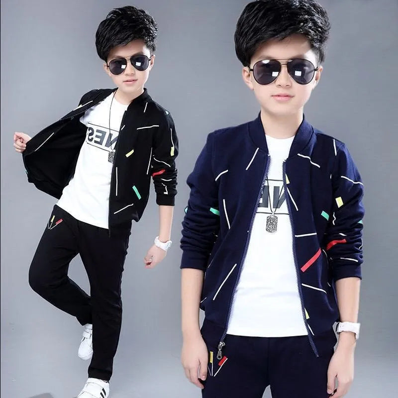 Boys' two-piece cotton outfit with printed coat and pants in navy blue, black or wine red, sizes 120-160.