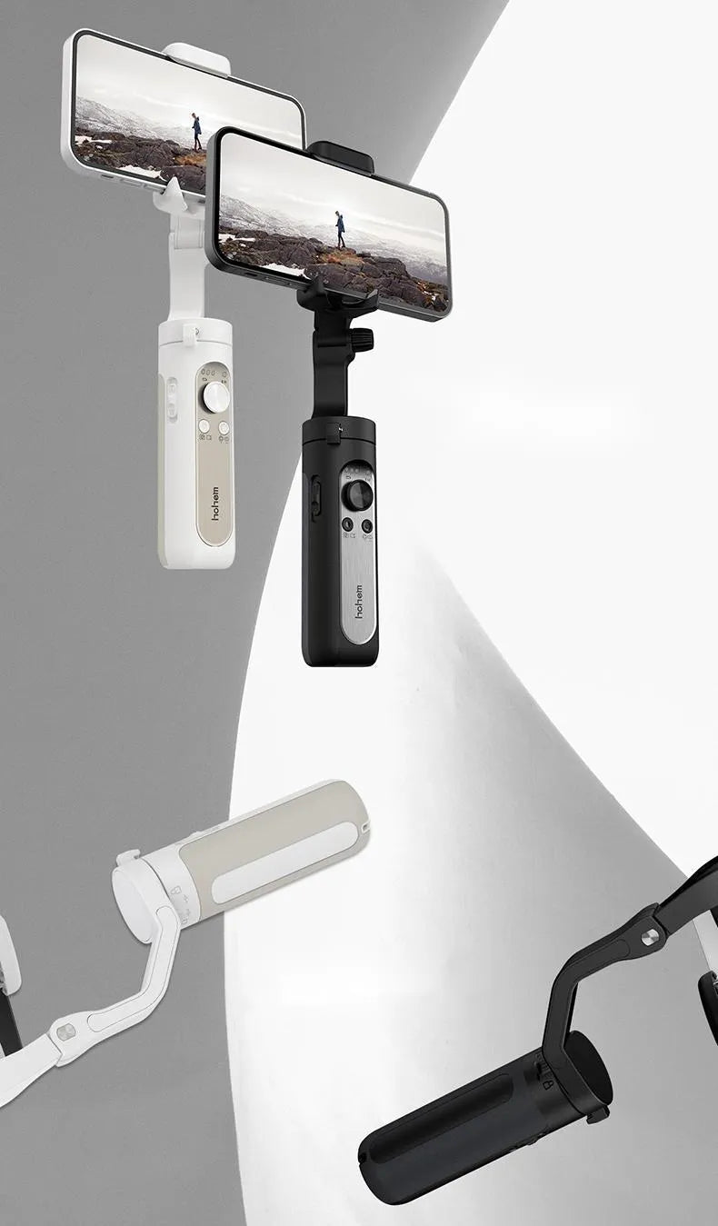 Black or white 3-axis phone stabiliser shown folded to its compact size.
