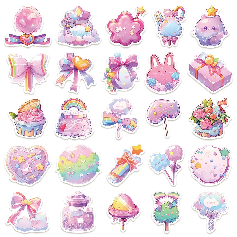 Pack of 50 cute candy-themed waterproof decorative stickers, sizes 4-7 cm.