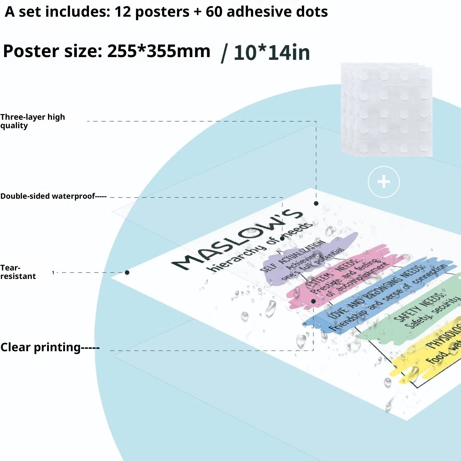 Set of 12 mental health posters on coated paper with bright film finish, 255x355mm each, with glue dots