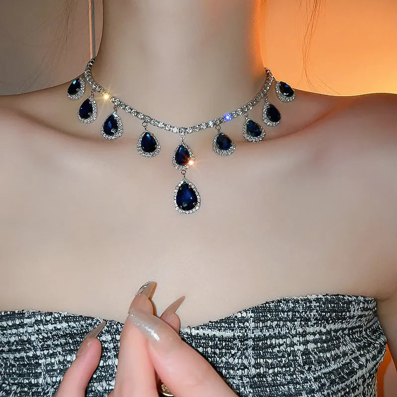Silver needle water drop earrings and necklace set in blue with zircon pendant on alloy chain