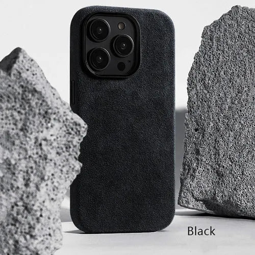 Dark green suede phone case with embossed texture and magnetic back for iPhone